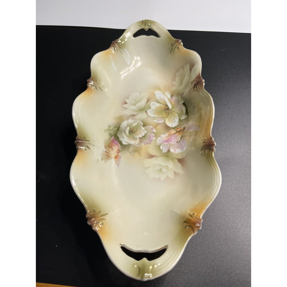 Antique c1870-1918 RS Prussia Porcelain 12” Oblong Floral Dish